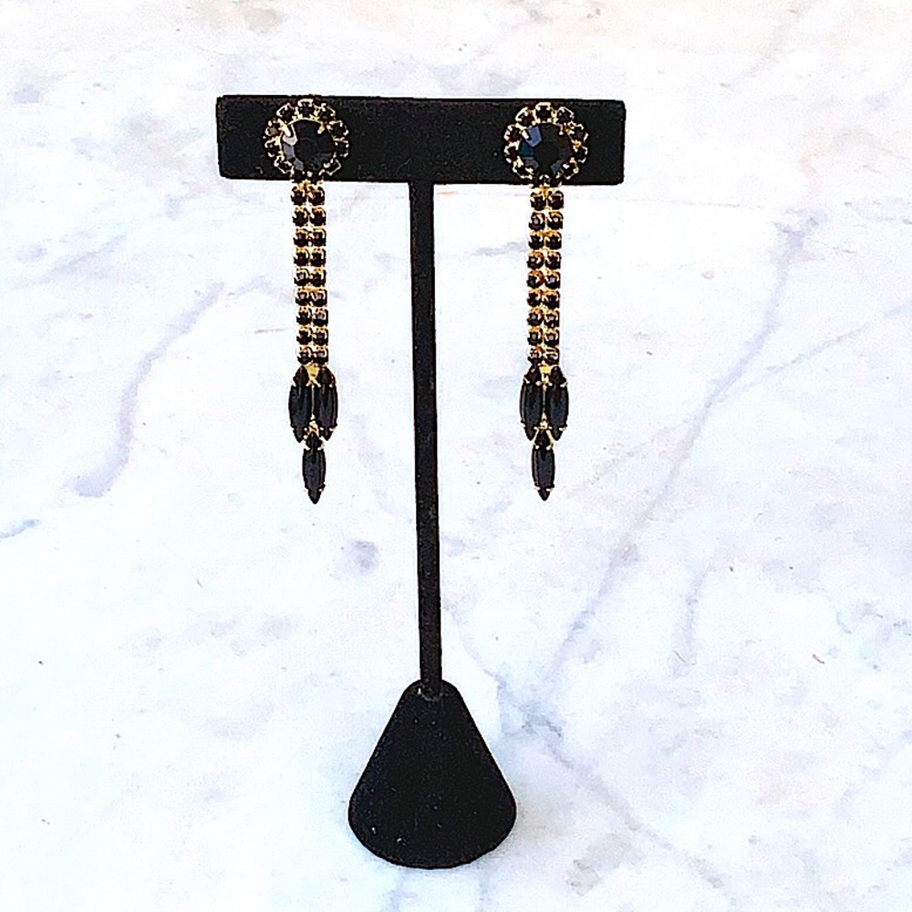 JULIANA D & E EARRINGS BLACK GLASS GOLD DANGLES UNMARKED VINTAGE 3 IN NEVER USED